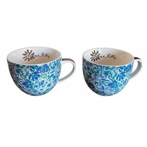Lilly‎ Pulitzer Coffee Mugs Set of 2 Blue Floral Pattern Ceramic Decorative Chic
